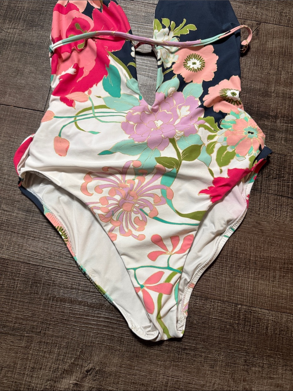 Trina Turk Navy White Pink Coral Floral Halter One-Piece Swimsuit - Picture 3 of 7